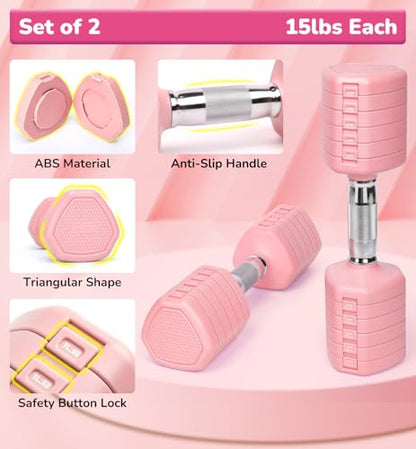 Adjustable Dumbbell Set of 2, 10LB 20LB 30LB Weight Set - color: Pink, size: 30 lbs Total-(15LB Each)