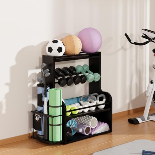 APRTAT Bamboo Dumbbell Rack, Adjustable Weight Rack for Home Gym, All-in-One Workout Equipment Storage for Dumbbells, Kettlebells, Yoga Mats & Balls