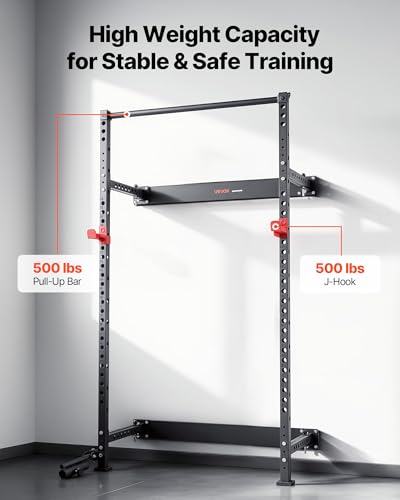 VEVOR Folding Power Cage, Wall-Mounted Power Rack Squat Rack, Multifunctional Strength Training Workout Equipment with Landmine Holder, Adjustable J-Hooks & Pull-Up Bar for Home Gym, 1000LBS Capacity
