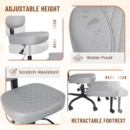 Homall Ergonomic Cross Legged Office Desk Chair with Wheels, 360° Swivel and Adjustable Height for Meditation and ADHD,Criss Cross Kneeling Chair with Lumbar Support (Leather, Grey) - color: Grey