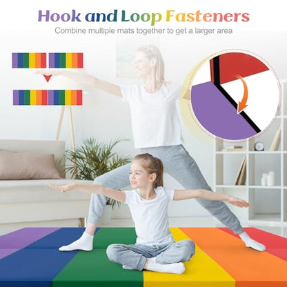 Goplus Gymnastics Mat, 6'x4' 3-Panel/6.6'x2.5' 5-Panel Folding Tumbling Mat w/Carrying Handles, Hook&Loop Fastener, Portable PU Leather Rainbow Exercise Mat for Home Gym Aerobics Yoga - color: 3-Panel,6 Color - Rainbow