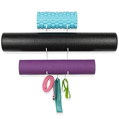 Wallniture Guru Yoga Mat Holder Wall Mount with 3 Hooks for Hanging Yoga Strap, Resistance Bands, 5-Sectional Metal
