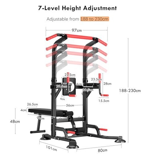 SogesHome Multi-Function Power Tower Pull Up Bar Dip Station, Home Gym Adjustable Height Fitness Workout Equipment with Foldable Dumbbell Stool, 330LB Capacity for Push-Ups, Sit-Ups, Strength Training