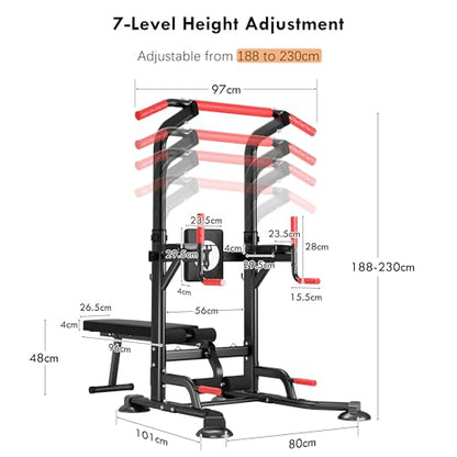SogesHome Multi-Function Power Tower Pull Up Bar Dip Station, Home Gym Adjustable Height Fitness Workout Equipment with Foldable Dumbbell Stool, 330LB Capacity for Push-Ups, Sit-Ups, Strength Training
