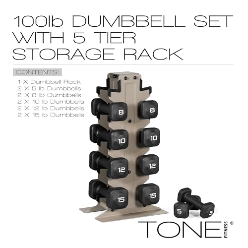 Tone Fitness Neoprene Dumbbell Set with Storage Rack – Non-Slip, Anti-Roll Hand Weights for Home Gym Workouts | 20 lb, 32 lb, 50 lb, 60 lb & 100 lb Options