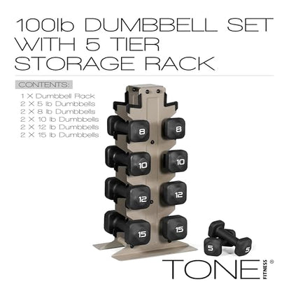 Tone Fitness Neoprene Dumbbell Set with Storage Rack – Non-Slip, Anti-Roll Hand Weights for Home Gym Workouts | 20 lb, 32 lb, 50 lb, 60 lb & 100 lb Options
