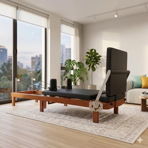 88" Foldable Pilates Reformer,Walnut Wood Grain Metal Frame, Dual Spring & Latex Resistance, Jump Board & Headrest, Adjustable Footbar Space-Saving Home Gym, Ideal - size: 88*21.3*11IN