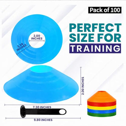 Soccer Cones 100/50/25 Pack with Carry Bag & Holder Five Colors | Agility Disc Cones Set for Training | Sports Practice Equipment for Soccer, Football, Basketball, Coaching & Speed
