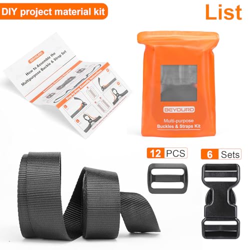BEYOURD Heavy-Duty Buckles and Strap Set 1-1/4": 6 Yards of Thick Nylon Webbing, 6-Pack Adjustable Quick Side Release Plastic Buckles, 12 Tri-Glide Slide Clips, Black (1 1/4 Inch Combo Set) - style: 1-1/4" Combo Set