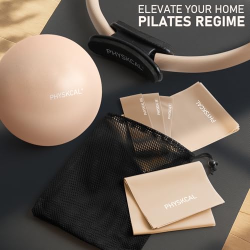 PhysKcal Pilates Kit, 15-Inch Pilates Ring with 1x Core Ball, 3X Resistant Loops and 2X Flex Bands, Home Pilates Equipment Set and Mat Pilates Essential Kit - color: Nude