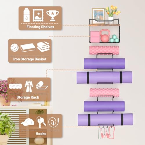 6-Tiers Yoga Mat Holder Wall Mount with Wood Floating Shelves, Yoga Mat Storage Rack Home Gym Accessories with Hooks for Hanging Stretching Strap & Resistance Bands, Yoga Room/Home Gym Decor