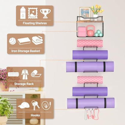 6-Tiers Yoga Mat Holder Wall Mount with Wood Floating Shelves, Yoga Mat Storage Rack Home Gym Accessories with Hooks for Hanging Stretching Strap & Resistance Bands, Yoga Room/Home Gym Decor