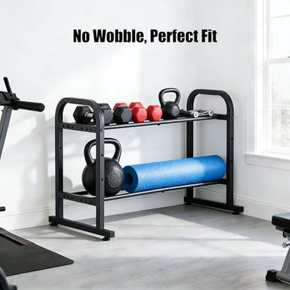 2-Tier Heavy Duty Dumbbell Rack, 180 Lbs Per Shelf Capacity, Adjustable Width Height Stand for Large Hex Dumbbells, Home Gym & Garage Storage (Rack Only)