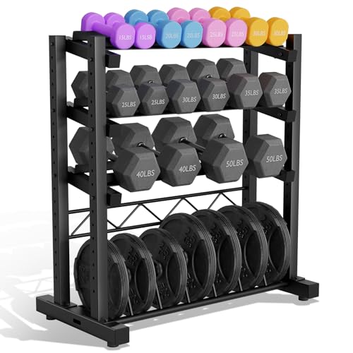 Upgraded 4-Tier Dumbbell Rack, 1100LBS Weight Rack for Home Gym, Barbell Holder Bumper Plate Storage Rack with Adjustable Height & Width Design, Heavy Duty Weight Storage Organizer (Rack Only)