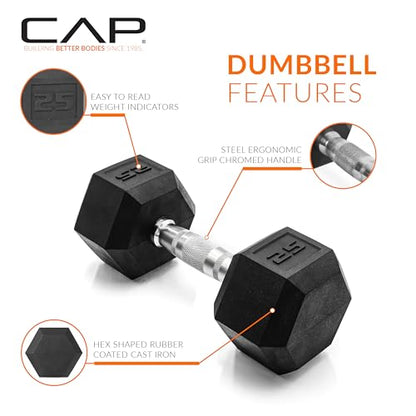 CAP Dumbbell Set with Rack, Rubber Coated Hex Free Weight Set | 100–300 lb Options, Vertical Space-Saving Storage for Home Gym Strength Training - size: 150 lb Set - Black Rack, style: Chrome Handle