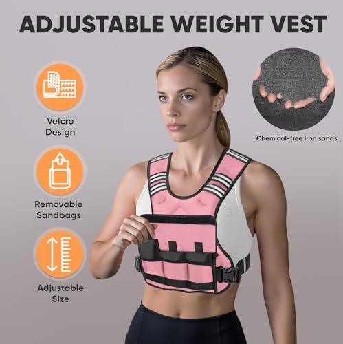 Adjustable Weighted Vest, 4-10lb/12-18lb/20-32lb Vest with 6 Ironsand Weights and Large Pocket, Weight Vest for Men Women Strength Training, Running, Walking - color: Pastel Pink, size: 4-10lbs