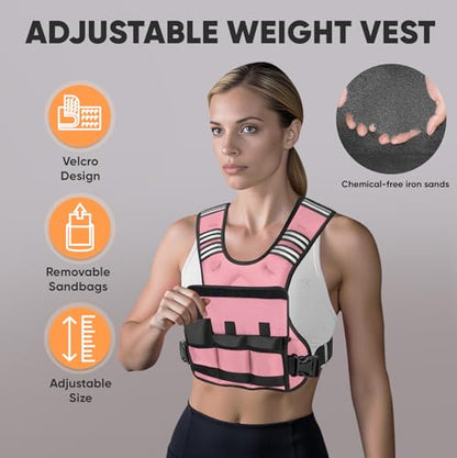 Adjustable Weighted Vest, 4-10lb/12-18lb/20-32lb Vest with 6 Ironsand Weights and Large Pocket, Weight Vest for Men Women Strength Training, Running, Walking - color: Pastel Pink, size: 4-10lbs
