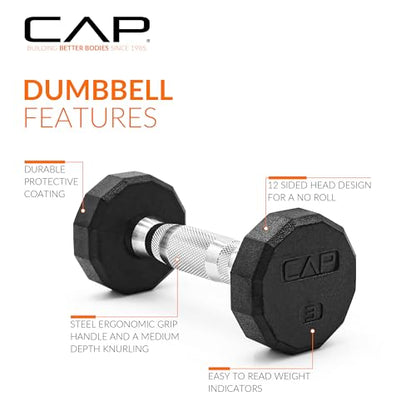 CAP Rubber Coated Dumbbell Weights, Free Weights for Home Gym Strength Training, Anti-Roll Hex Dumbbells with Black, Chrome & Comfort Grip Handles, Singles - size: 3 lb, style: 12-Sided - Chrome Handle
