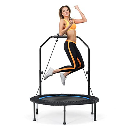 GYMAX Rebounder Trampoline for Adults, 40” Mini Exercise Trampoline with Height Adjustable Bar & Resistance Bands, 330LBS Foldable Workout Trampoline, Small Fitness Trampoline Indoor/Outdoor