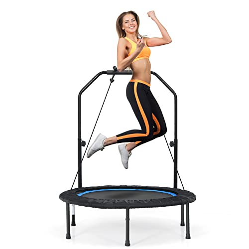 GYMAX Rebounder Trampoline for Adults, 40” Mini Exercise Trampoline with Height Adjustable Bar & Resistance Bands, 330LBS Foldable Workout Trampoline, Small Fitness Trampoline Indoor/Outdoor