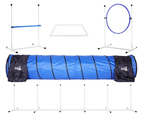 Complete Starter Agility Set for Dogs | 5 Piece Dog Agility Kit | Agility Jump | Tire Jump | Weave Poles | 10’ Tunnel with Sandbags | Pause Box