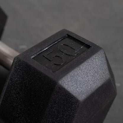 Titan Fitness 50 LB Pair Free Weights, Black Rubber Coated Hex Dumbbell, Straight Stainless Steel Handle, Strength Training, Full Body Workout