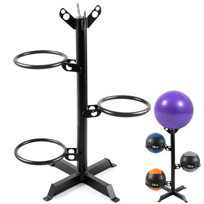 Zonon Medicine Ball Rack for Home Gym, 4-Tier Vertical Storage Stand with 360° Rotating Rings, 4 Balls Heavy Duty Steel Organizer for Yoga, Slam Wall Balls, Space Saving Gym Equipment Storage, Black