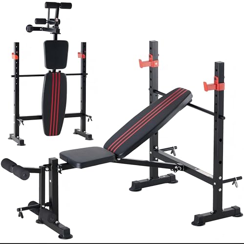 DUMOS Adjustable Weight Bench Set with Rack, 650LBS Foldable Bench Press - color: RED, size: 62''*37''*45''