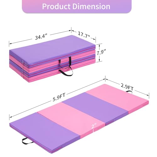 ZENOVA Gymnastics Mat 6'x3'x2''/4'x8'x2'' Exercise Mat Gym Mat for Home Aerobics Workout Foldable Tumbling Mat Children Gifts - color: 3FT x 6FT --Pink&Purple