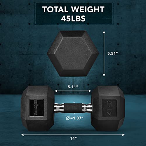Yes4All Rubber Grip Encased Hex Dumbbell – Hand Weights With Anti-Slip 5-50 LBS Single - color: I. 45 Pounds