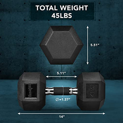 Yes4All Rubber Grip Encased Hex Dumbbell – Hand Weights With Anti-Slip 5-50 LBS Single - color: I. 45 Pounds