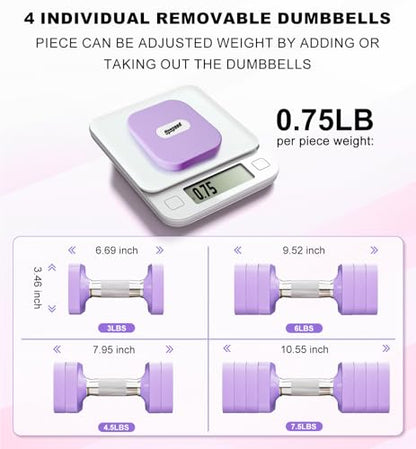 Adjustable Dumbbell Set for Women Men 7.5LB/10LB/15LB/20LB/25LB Each - color: Purple, style: 7.5LB Each [15 LBS Total]