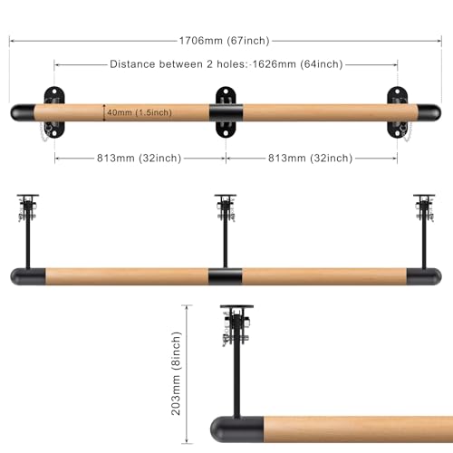 Wall Mount Ballet Barre Solid Wood Dance Bar with Height Adjustable Metal Brackets for Dance Training - color: 67"