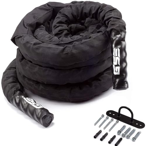 GSE Games & Sports Expert Gym Battle Rope, Heavy-Duty Workout Ropes for Indoor & Outdoor Workout, Exercise Rope for Strength Training - 30,40,50 Feet Lengths Available - color: Black with Sleeve, size: 30ft x 1.5"