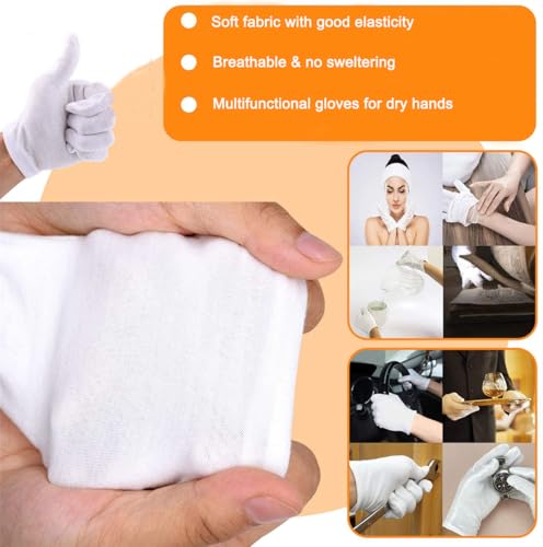 12Pairs White Cotton Gloves for Eczema Dry Hands - Breathable Moisturizing SPA Gloves Liners - Soft Jewelry Photo Inspection Gloves Stretchy Fit for S, M, L Hands of Men and Women