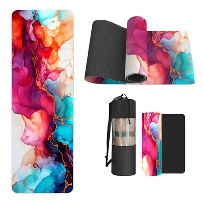 FOLAI Extra Thick Yoga Mat 6mm，pilates mat thick - Non-Slip Exercise Mat for HIIT, Pilates & Home Workouts & Workout with Free Carry Strap - color: abstract red