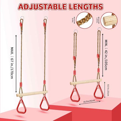 LadyRosian Wooden Trapeze Swing Bar, Adjustable Height Swing Set, Gym Rings, Playground Attachments, 16.5" Monkey Bar for Backyard, Playground, Playroom (Red) - color: Red