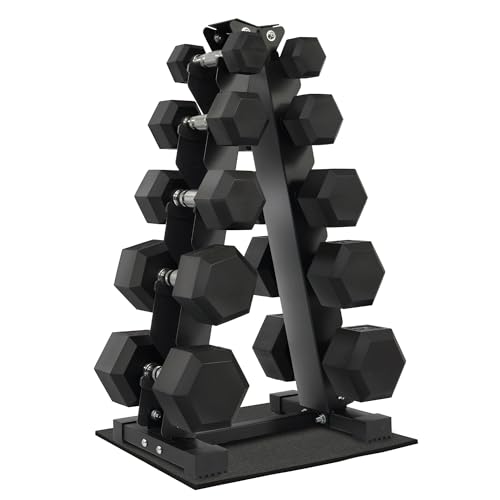 Fitvids Dumbbell Set with Rack, Rubber Coated Hex Dumbbell Weights in 150lbs, 5, 10, 15, 20, 25lbs Pair, Black