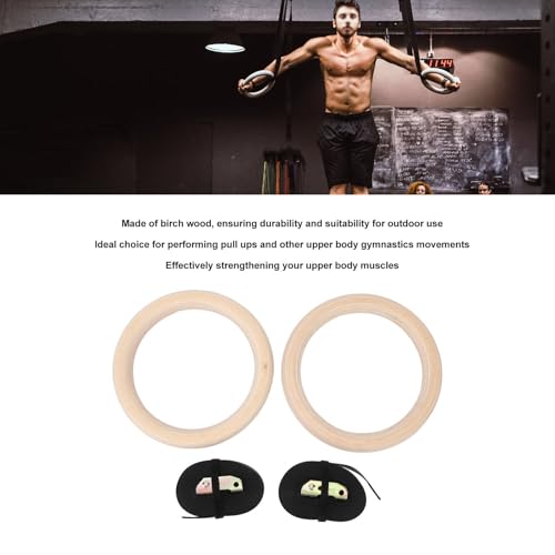 Wooden Gymnastics Rings, Birch Pull Up Rings Set, Strength Training Rings for Bodyweight Fitness, Adjustable Gym Rings with Secure Straps for Outdoor Workout