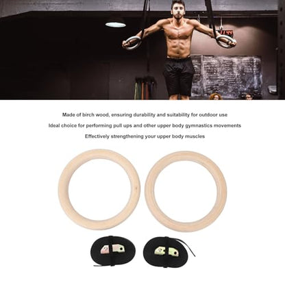 Wooden Gymnastics Rings, Birch Pull Up Rings Set, Strength Training Rings for Bodyweight Fitness, Adjustable Gym Rings with Secure Straps for Outdoor Workout