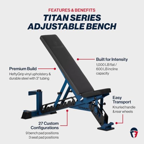 Titan Fitness TITAN Series Adjustable Bench, Supports 600 LB Incline, 1,000 LB Flat, Versatile Single Post Utility Workout Bench for Home Gym, Weightlifting, Strength Training - color: Navy