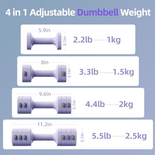 Lightweight Adjustable Dumbbell Kettlebell Set - 4 in 1 Free Weight Set with Kettlebell Grip Converter, Each 2.2 3.3 4.4 5.5lb Quick Change Weight Women Dumbbell Set for Small Spaces Home Gym - color: Dumbbell Purple