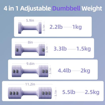 Lightweight Adjustable Dumbbell Kettlebell Set - 4 in 1 Free Weight Set with Kettlebell Grip Converter, Each 2.2 3.3 4.4 5.5lb Quick Change Weight Women Dumbbell Set for Small Spaces Home Gym - color: Dumbbell Purple