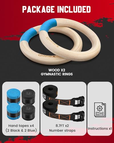 Gonex Wooden Gymnastic Rings with Adjustable Number Straps, Olympic Rings for Gym, Workout, Exercise, Outdoor Training, Quick Install Carabiner, 8.7 ft Straps Pull Up Non-Slip Rings