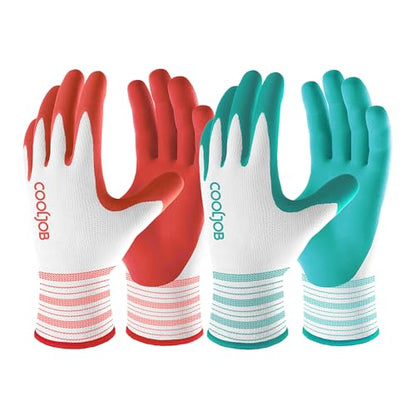 COOLJOB 6 Pairs Gardening Gloves for Women, Breathable Rubber Coated, L - color: Bright Red, Mint Green, size: Large (Pack of 6)