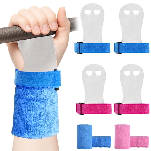 2 Pairs Gymnastics Hand Grips, Gymnastics Equipment for Kids, Gymnastics Wristbands Sets, Gymnastic Bar Grip Gloves and Gymnastics Wrist Support Sports Accessories for Workout Exercise - color: Blue, Pink