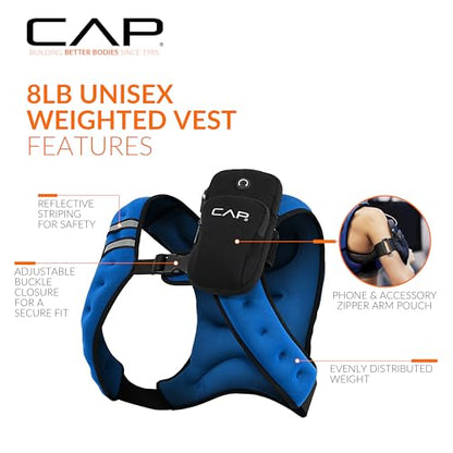 CAP Barbell 8LB Weighted Vest – Unisex Workout Vest with Phone Pouch, Reflective Strips, and Adjustable Fit for Walking, Running, Cardio, and Strength Training | Black or Blue - color: Blue