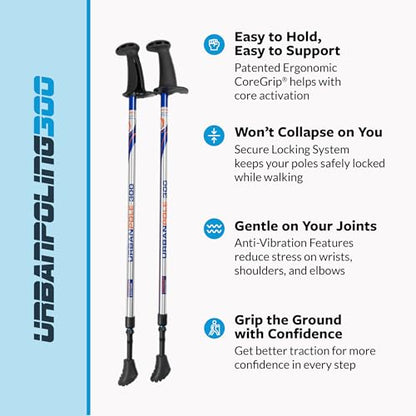 Urban Poling Series 300 Urban Poles – 1 Pair – Fitness Edition- Patented Ergonomic CoreGrip™ for Stability – Adjustable, Collapsible, Lightweight for Comfort