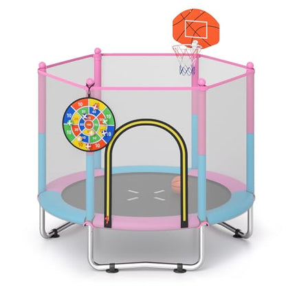 GYMAX Trampoline for Kids, 60” Toddler Rebounder with Basketball Hoop & Dart Board, All-Round Enclosure Net,Mini Indoor Kids Trampoline for Boys & Girls