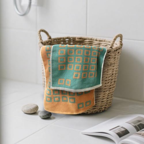 USTIDE 2-Pack Classic Checkered Hand Towels for Bathroom, Soft Absorbent Cotton Kitchen Towels with Green and Orange Pattern, Quick-Dry Gym & Travel Towels for Daily Use